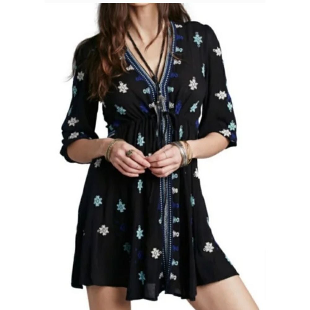 Free People Stargazer Mini Dress Embroidered V-Neck Tie Waist Black Blue Small